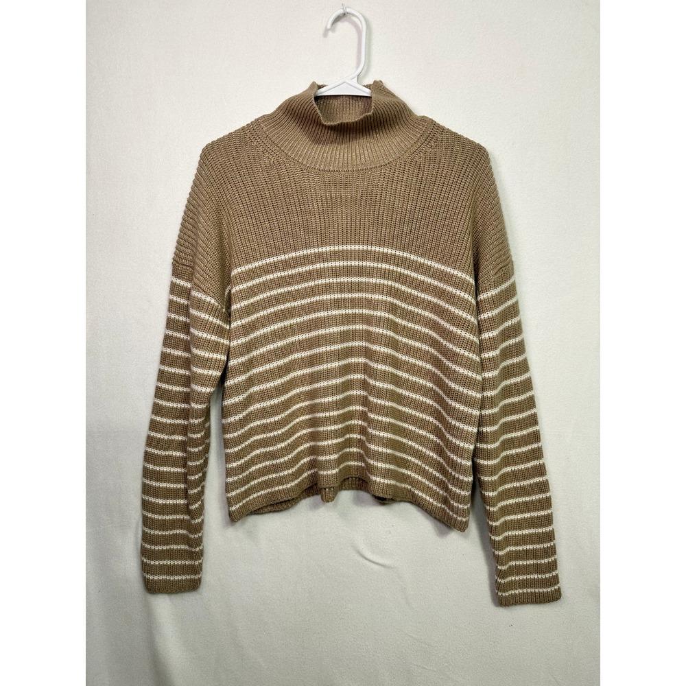 Truth by Republic Tan White Striped Mock‎ Neck Ribbed Knit Sweater Large